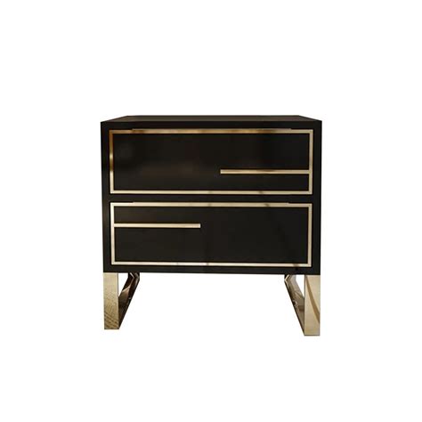 Modern Black Nightstand Lacquered 2-Drawer Bedside Table Gold Finish