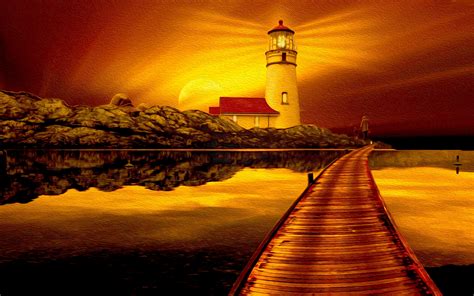 Download Golden Ocean Pier Lighthouse Earth Artistic Sunset HD Wallpaper