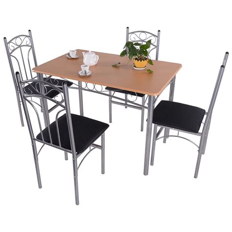 5PCS Wood And Metal Dining Set Table and 4 Chairs Home Kitchen Modern ...