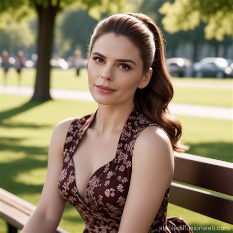 Hayley Atwell in Floral Dress on Park Bench | Stable Diffusion Online