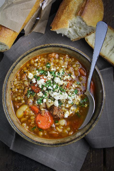 Spicy Chorizo Soup with Israeli Couscous and Mole Sauce - Katie at the Kitchen Door