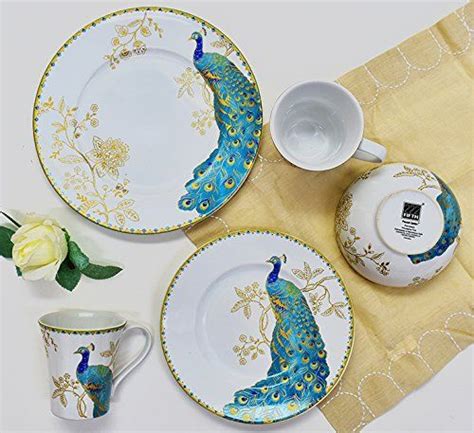 222 Fifth Peacock Garden 16-Piece Porcelain Dinnerware Set with Round Plates, Bowls, and Mugs ...