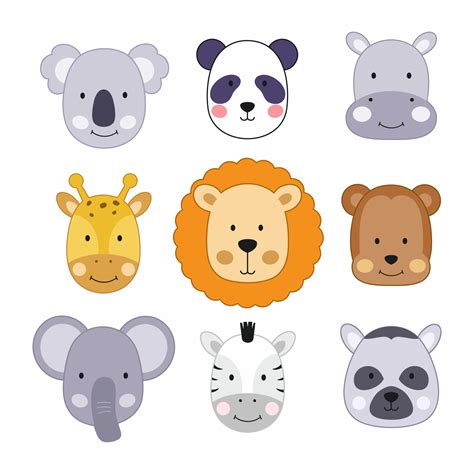 A set of illustrations with cute animal faces. Wild animals for kids in cartoon style. 4773277 ...