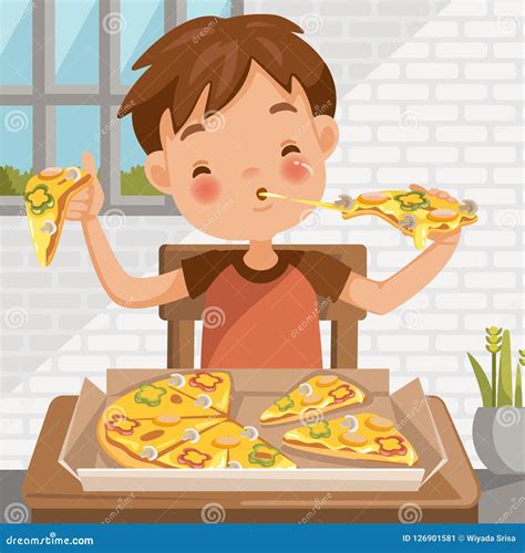 Boy eating pizza stock illustration. Illustration of eating - 126901581