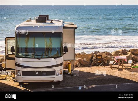 RV Campground on the Seashore with Scenic View. Motorhome Traveling ...