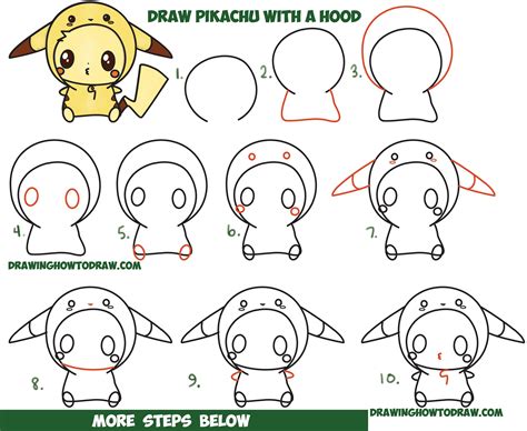 How to Draw Cute Pikachu with Costume Hood from Pokemon (Kawaii / Chibi Style) Easy Step by Step ...
