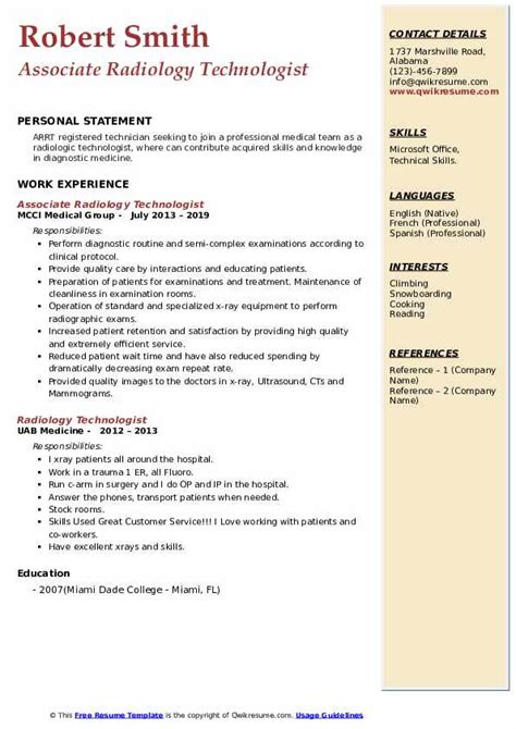 Radiology Technologist Resume Samples | QwikResume