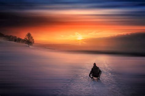 Download Sunset Sky Sled Snow Lake Photography Winter 4k Ultra HD Wallpaper