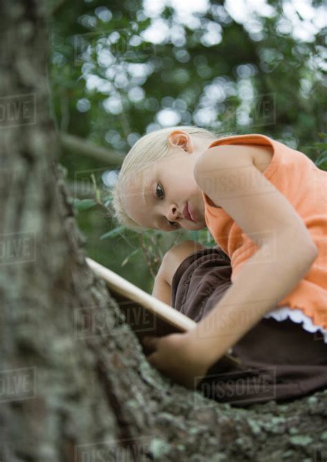 Girl reading book in tree - Stock Photo - Dissolve