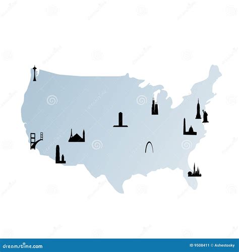 United States Map With Landmarks Stock Image - Image: 9508411