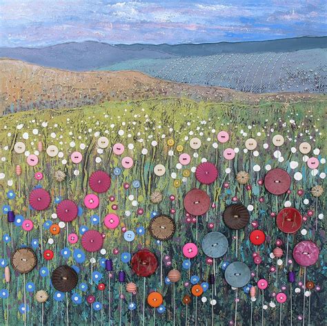 Original Art Mixed Media Canvas - Button Meadow | Button art on canvas ...