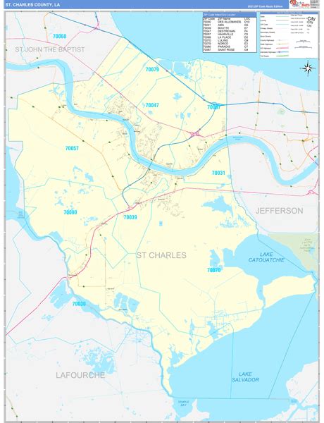 St. Charles County, LA Zip Code Wall Map Basic Style by MarketMAPS - MapSales