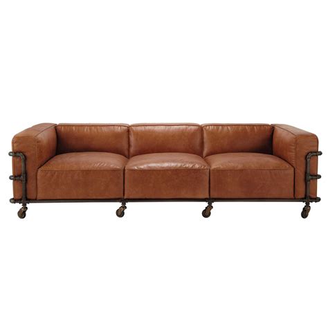 4 seater leather vintage sofa in Havana brown Fabric | Maisons du Monde