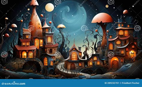 A Cartoon Illustration of a Halloween Town at Night. Stock Illustration ...