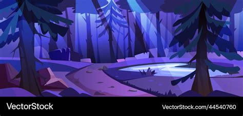 Cartoon night forest landscape with pond trees Vector Image