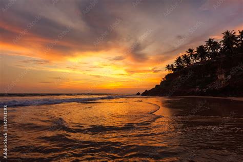 Sunset on Varkala beach popular tourist destination in Kerala state ...