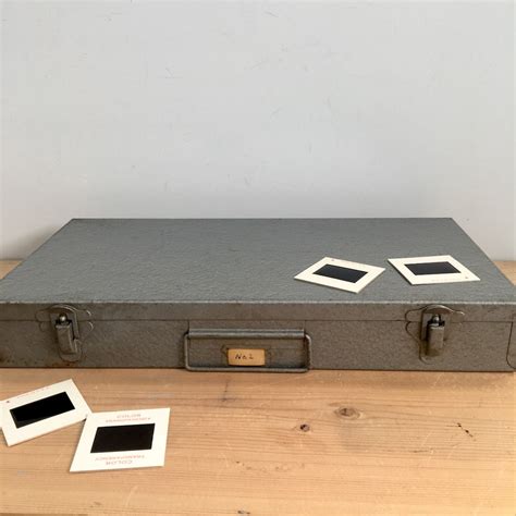 Gray metal 35mm slide storage box - suitcase style box for slide or craft storage - 1950s ...