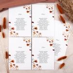 Plany stołów weselnych (rozmieszczenie gości) na pojedynczych kartach z motywami polnych kwiatów ...