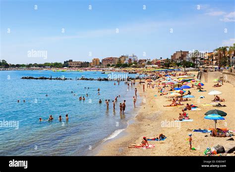 Beach at Giardini Naxos, Messina district, Sicily, Italy Stock Photo ...