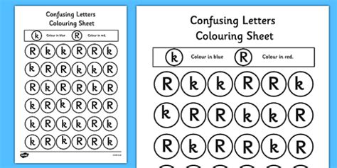 Confusing Letters Colouring Worksheets K and R