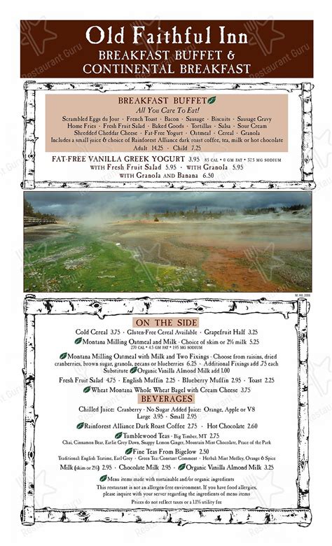 Menu at Old Faithful Inn Dining Room restaurant, USA, Old Faithful Rd