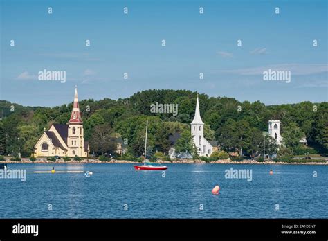 View over the bay Mahone Bay with three churches, United Churches ...