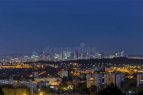 La Defense District Skyline at Night with Towers Buildings and Trees ...