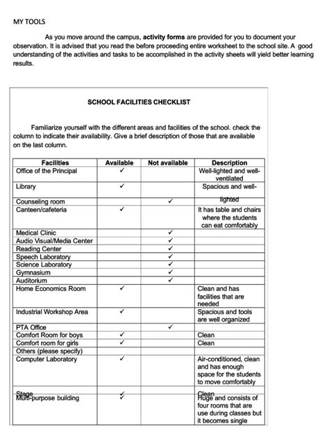 My Tools School Facilities Checklist - Compress | PDF | Classroom ...