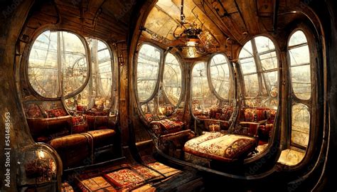 Steampunk Airship living room interior Victorian design illustration ...