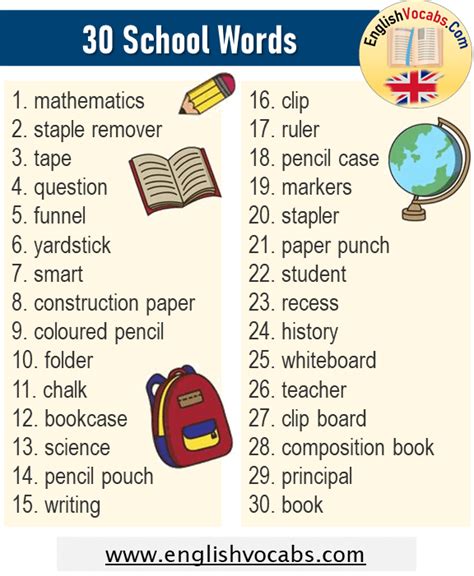 30 School Vocabulary, 30 School Words List - English Vocabs