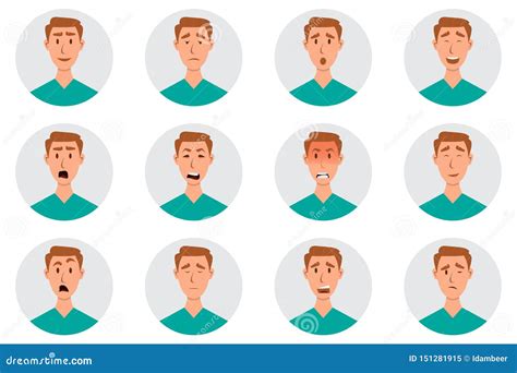 Set of Male Facial Emotions. Man Emoji Character with Different Expressions Stock Illustration ...