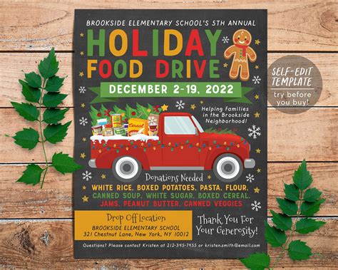 Holiday Food Drive Flyer Invitation Editable Template, Christmas Xmas Food Drive Poster ...