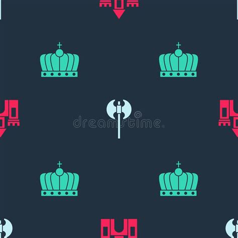 Set Castle, Fortress, Medieval Axe and King Crown on Seamless Pattern. Vector Stock Vector ...