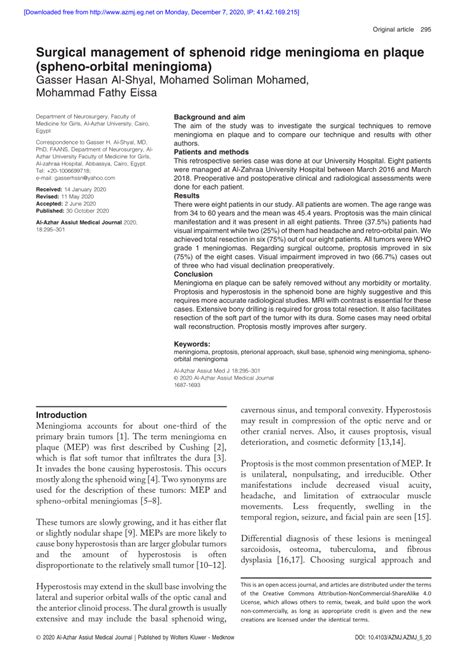 (PDF) Surgical management of sphenoid ridge meningioma en plaque (spheno-orbital meningioma)