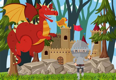 Outdoor castle scene with dragon and knight cartoon character 1945723 Vector Art at Vecteezy