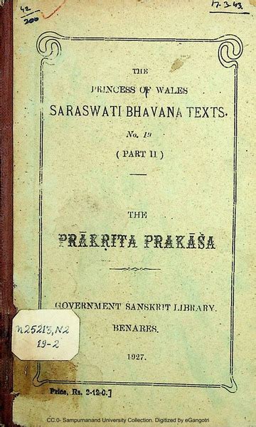 The Prakrita Prakasha With Sanjeevani And Subodhini Sarasvati Bhavana Granthmala No. 19 Part 2 ...