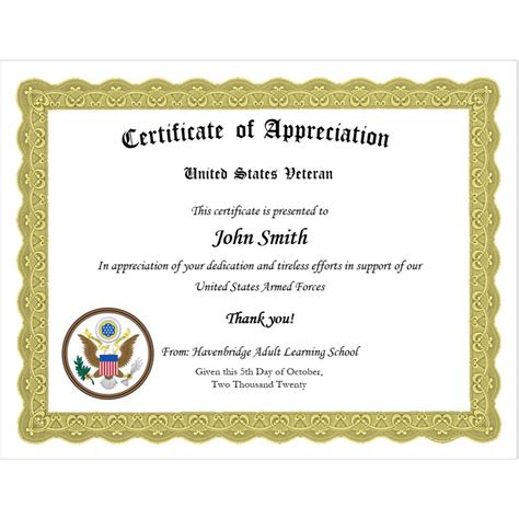 Veteran's Certificate of Appreciation