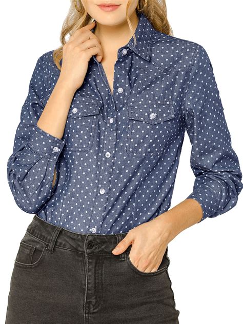 Unique Bargains - Women's Dots Point Collar Chest Pockets Button Down ...