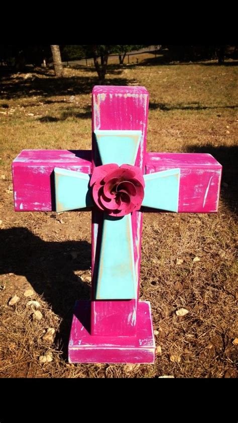 Hot pink and turquoise wooden cross. Stands 19 inches tall. Painting Projects, Wood Projects ...
