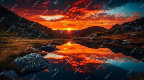 Premium AI Image | A sunset over a mountain lake with a mountain in the background