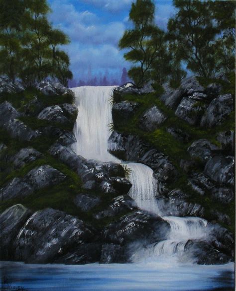 Original Landscape Oil Painting Rock, Waterfall, on Canvas Carving a ...