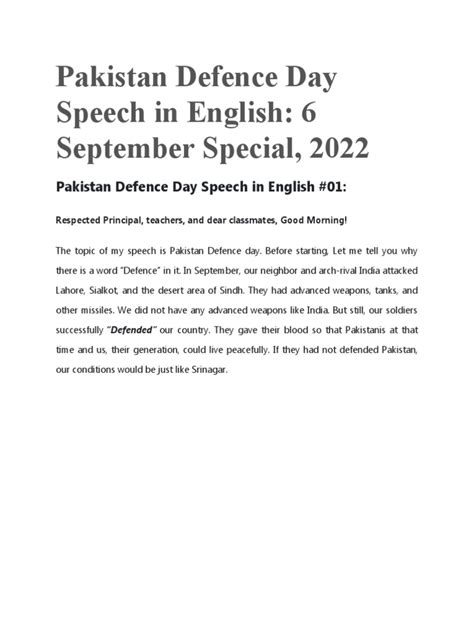 Pakistan Defence Day Speech in English 6 September Special, 2022 | PDF