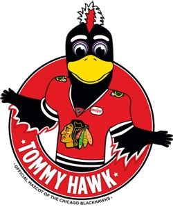 a black bird wearing a red jersey with the words tommy hawk on it