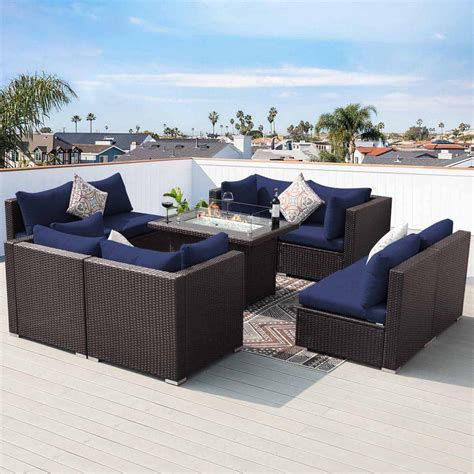 NICESOUL Luxury 9-Piece Espresso Wicker Patio Fire Pit Conversation Sectional Deep Seating Sofa ...