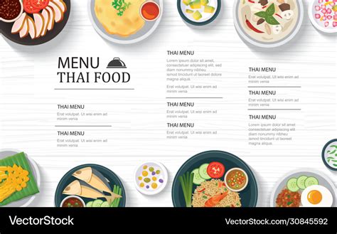 Thai food menu restaurant on a white wooden table Vector Image