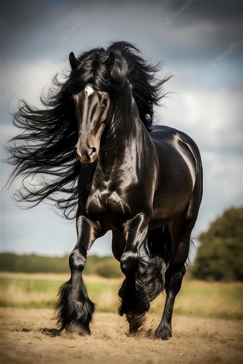 Premium Photo | Beautiful black friesian horse with a long mane galloping on the meadow Gorgeous ...