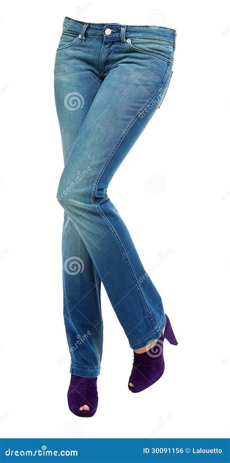 Young Woman Crossed Legs With Clear Blue Jeans And Purple Peep T Royalty Free Stock Image ...