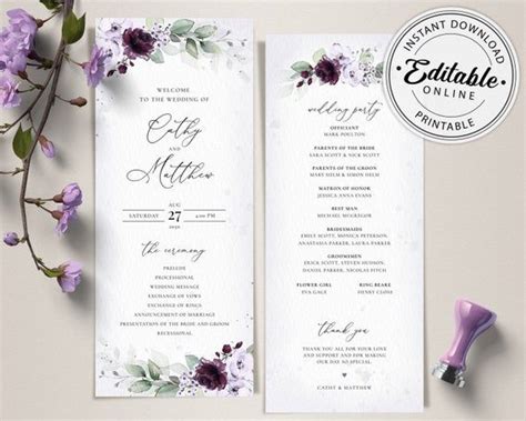 Lavender and Purple Wedding Program Template INSTANT DOWNLOAD Editable, Printable Template, A133 ...