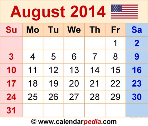 August 2014 Calendar | Templates for Word, Excel and PDF