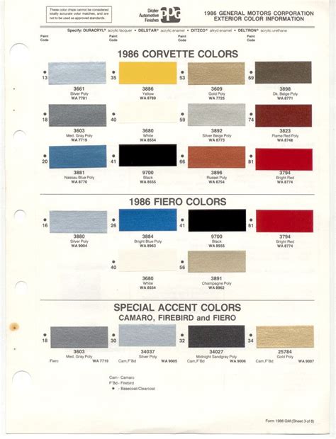 1986 Chevrolet Corvette Models LineUp: Color Code Reference Guide ...